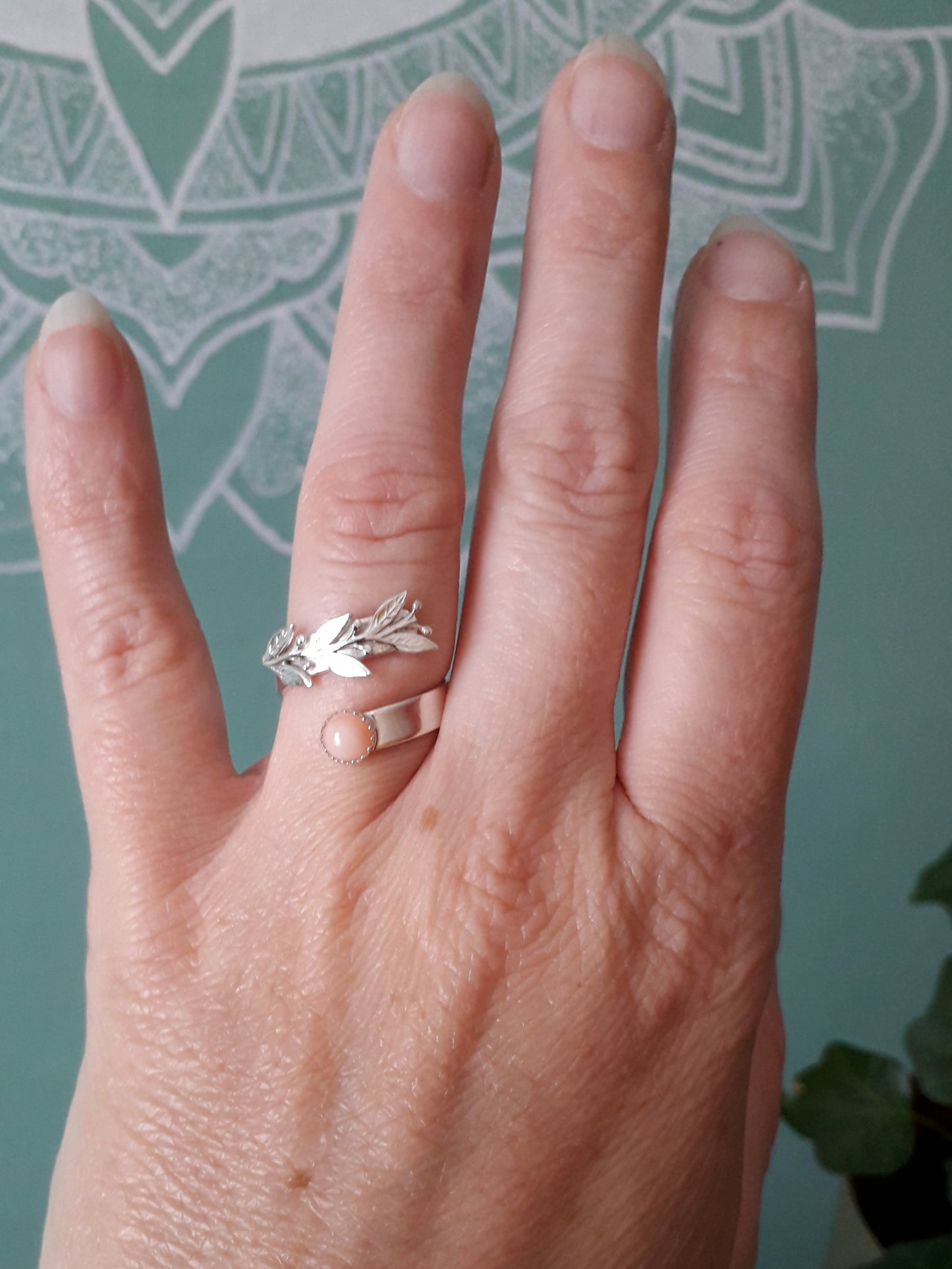 Leaf and Twig Ring with Coral Stone , Open Adjustable - Irmy Creations