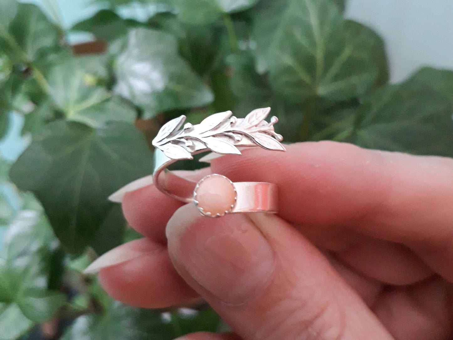 Leaf and Twig Ring with Coral Stone , Open Adjustable - Irmy Creations