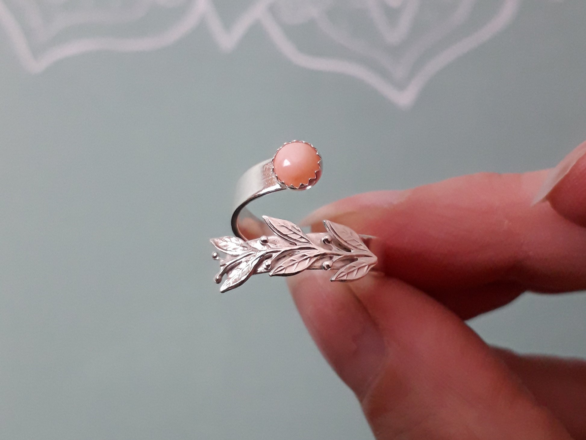 Leaf and Twig Ring with Coral Stone , Open Adjustable - Irmy Creations