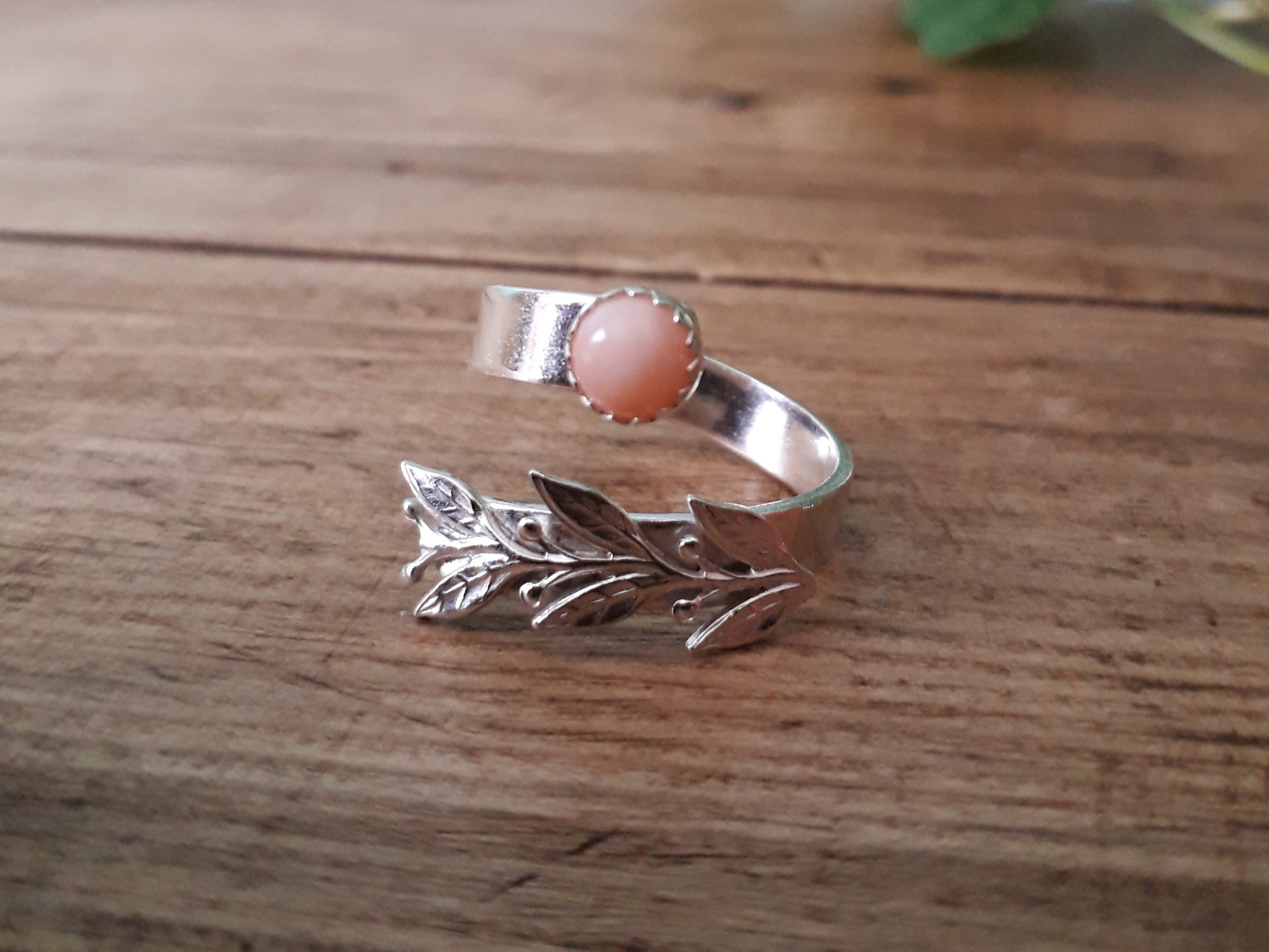 Leaf and Twig Ring with Coral Stone , Open Adjustable - Irmy Creations