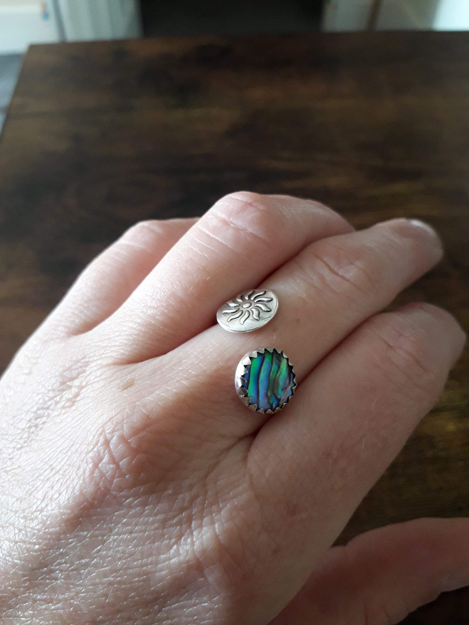 Abalone Sun Ring, Blue, Open Adjustable - Irmy Creations