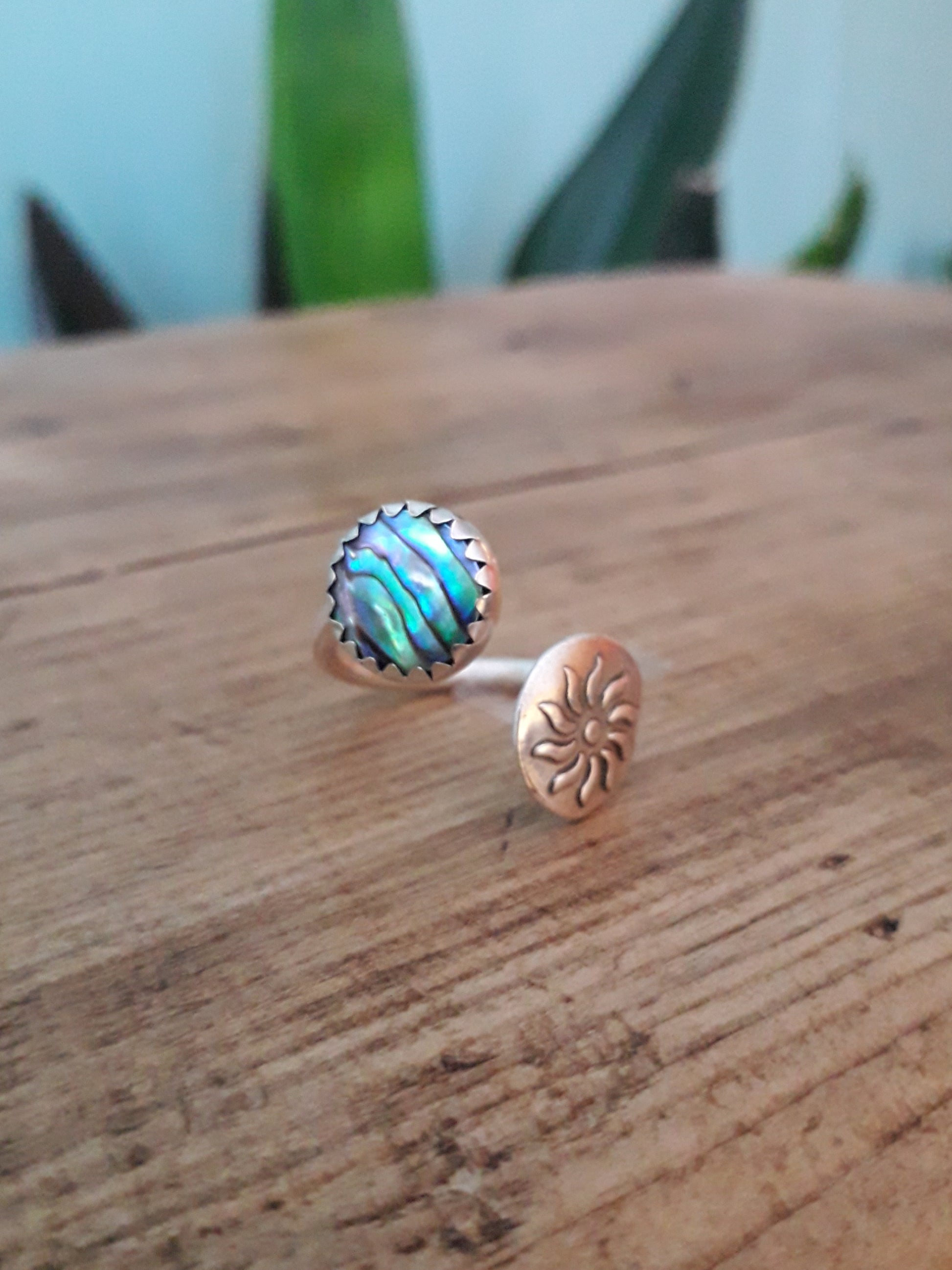 Abalone Sun Ring, Blue, Open Adjustable - Irmy Creations