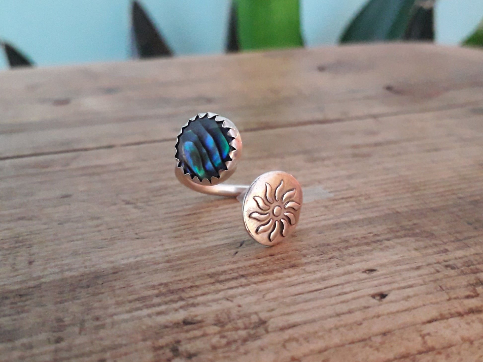 Abalone Sun Ring, Blue, Open Adjustable - Irmy Creations