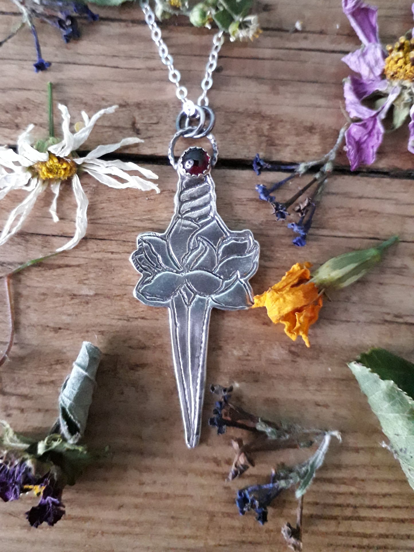 Rose & Dagger Necklace with Garnet, Goth - Irmy Creations