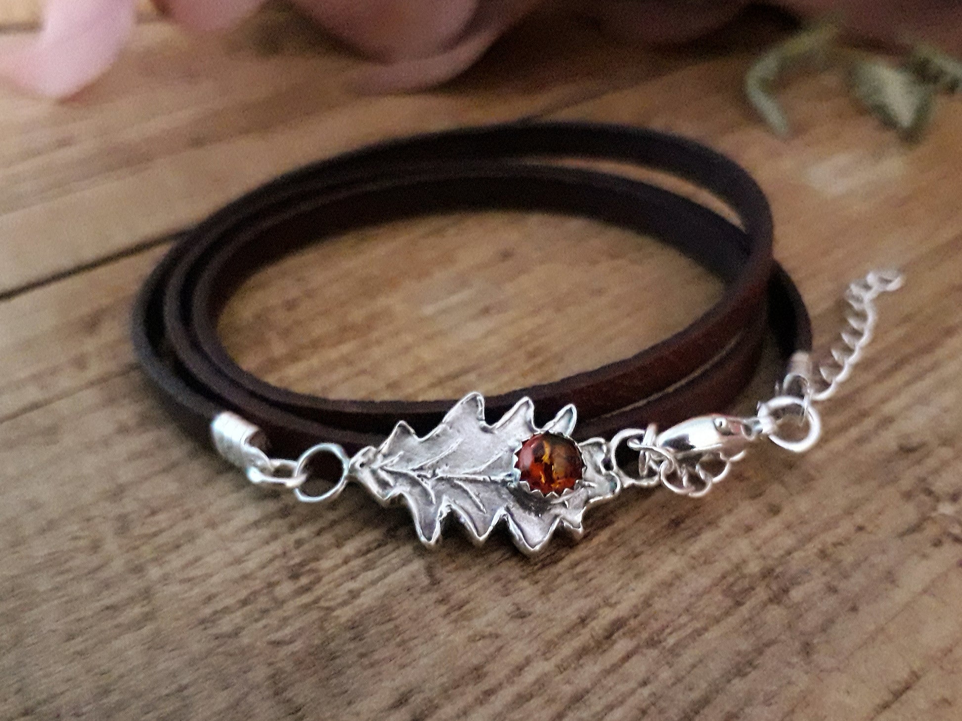 Oak Leaf Amber Leather Bracelet woodland - Irmy Creations