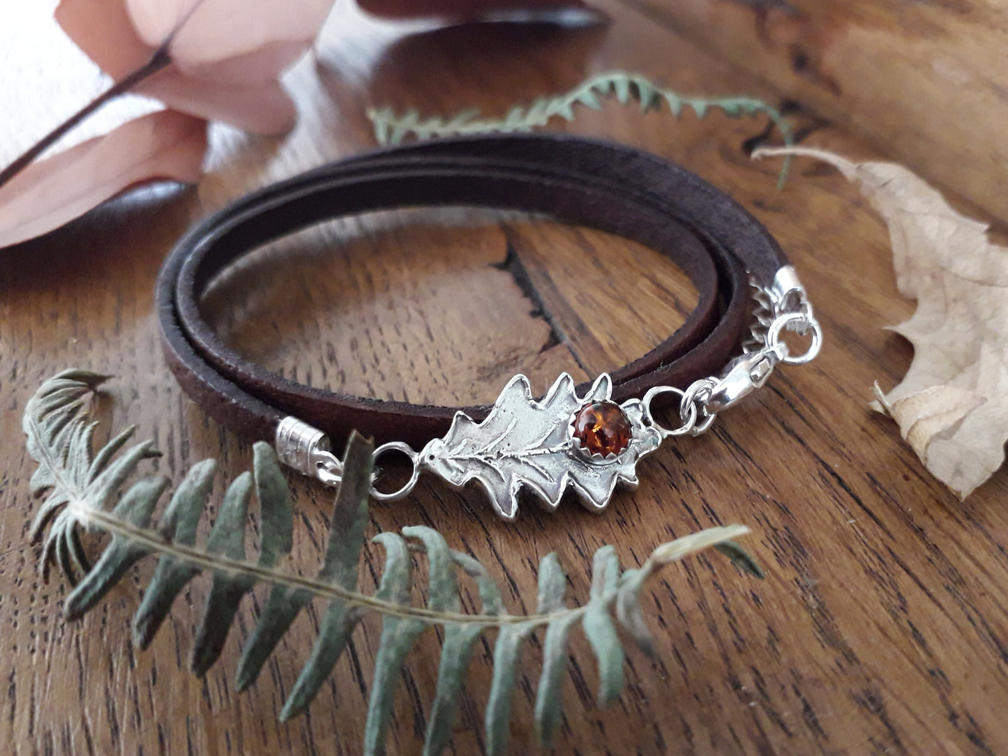 Oak Leaf Amber Leather Bracelet woodland - Irmy Creations