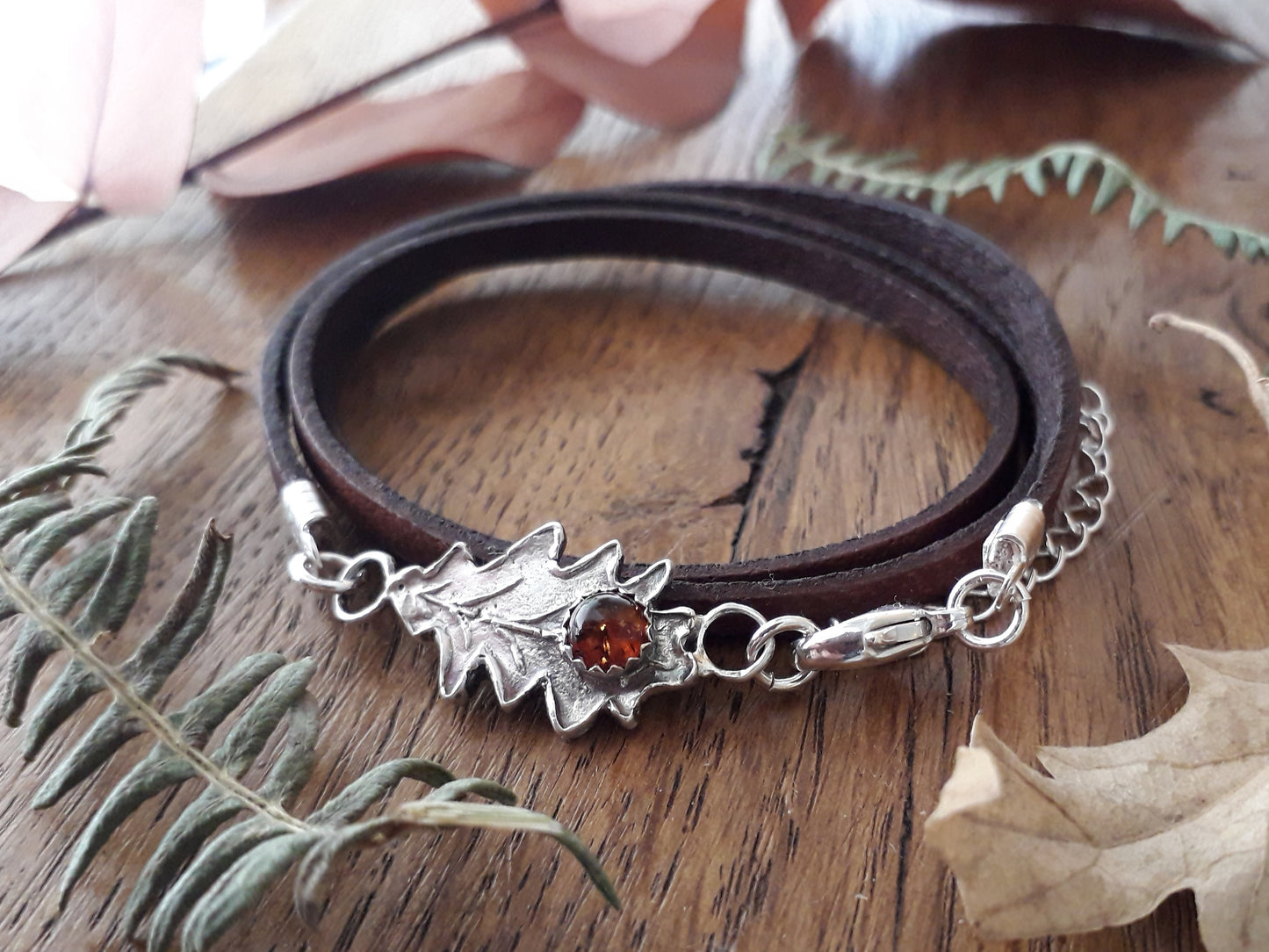 Oak Leaf Amber Leather Bracelet woodland - Irmy Creations