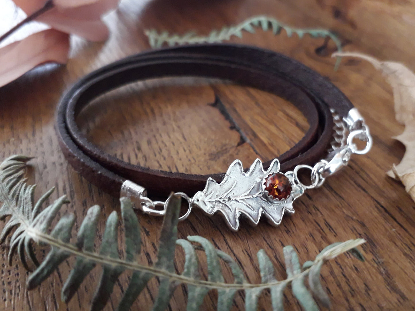 Oak Leaf Amber Leather Bracelet woodland - Irmy Creations