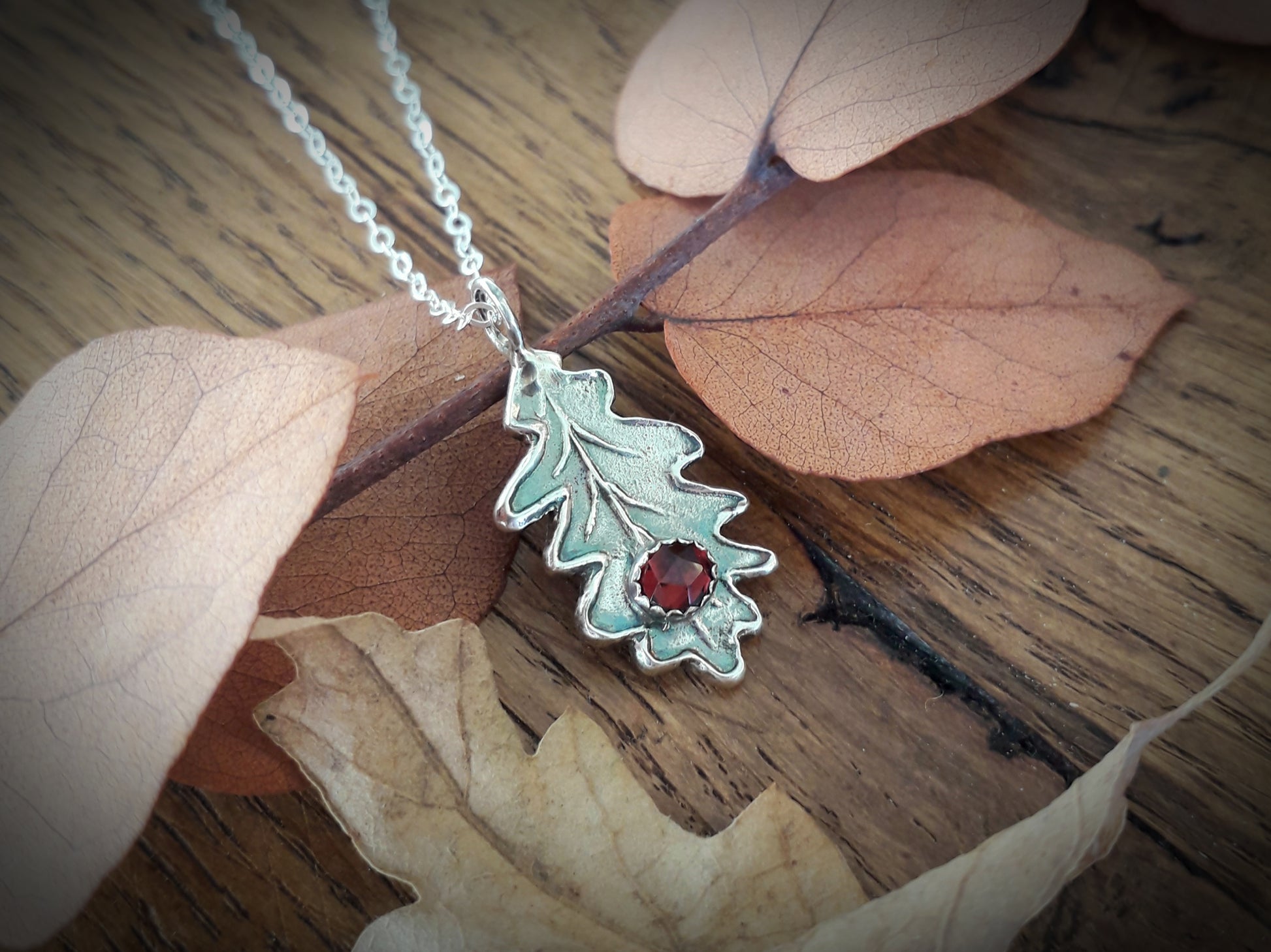 Oak Leaf Garnet Necklace woodland - Irmy Creations