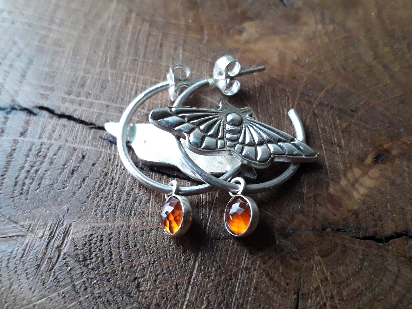 Moth Hoops Hessonite Garnet - Silver Earrings - Irmy Creations