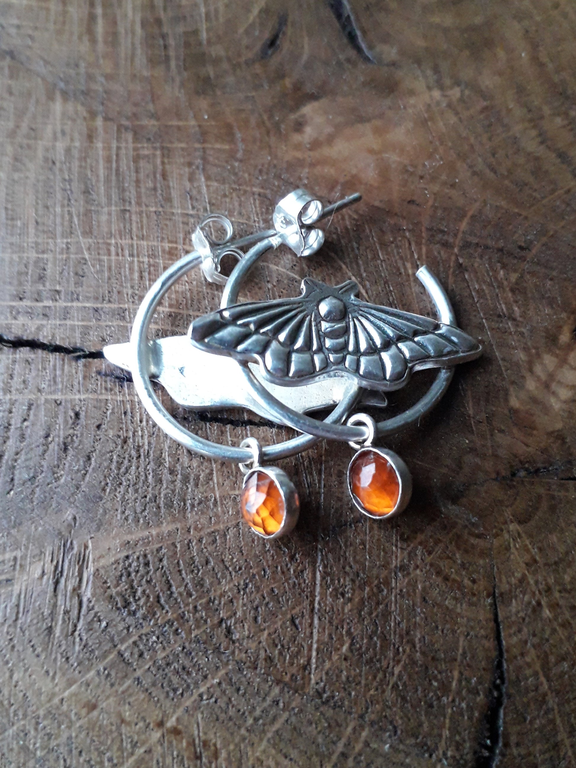 Moth Hoops Hessonite Garnet - Silver Earrings - Irmy Creations