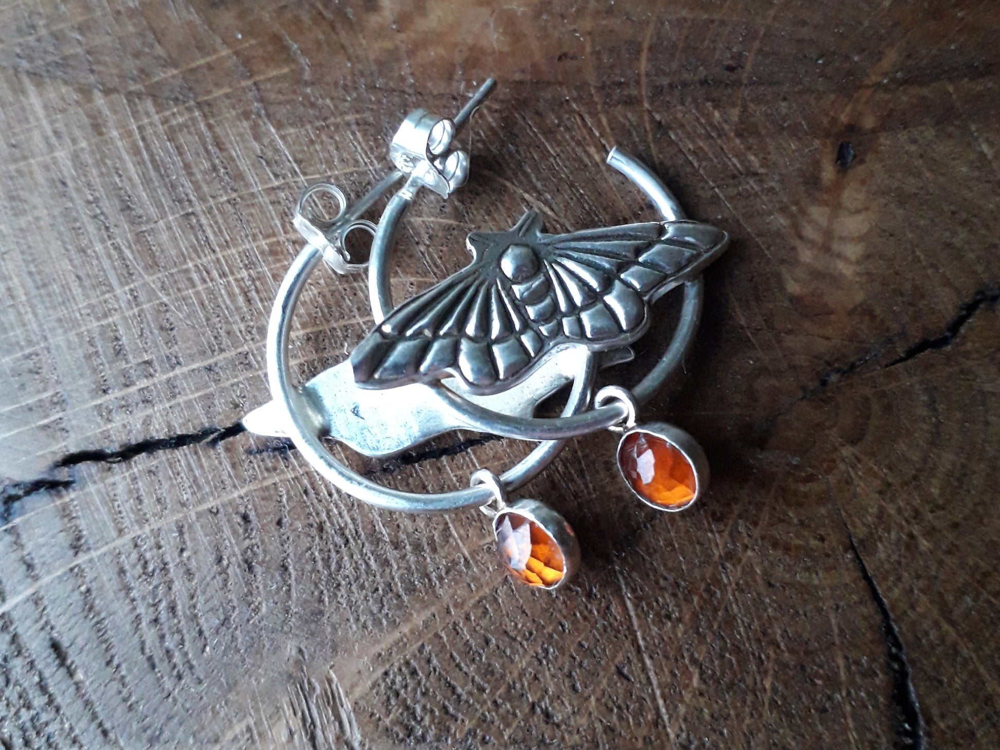 Moth Hoops Hessonite Garnet - Silver Earrings - Irmy Creations