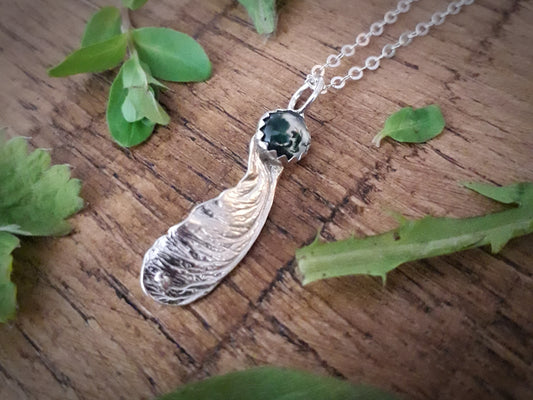 Small Sycamore Seed, Moss Agate Necklace