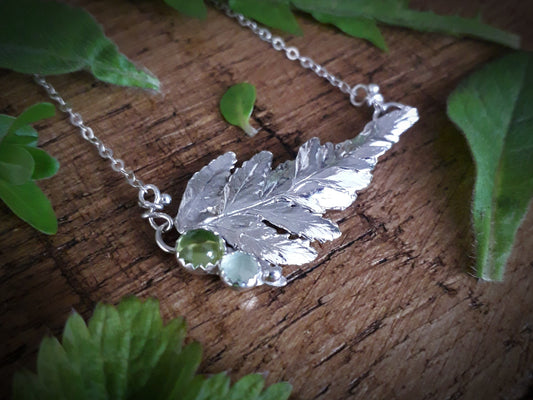 Real Fern Leaf Necklace with Peridot and Prehnite, woodland