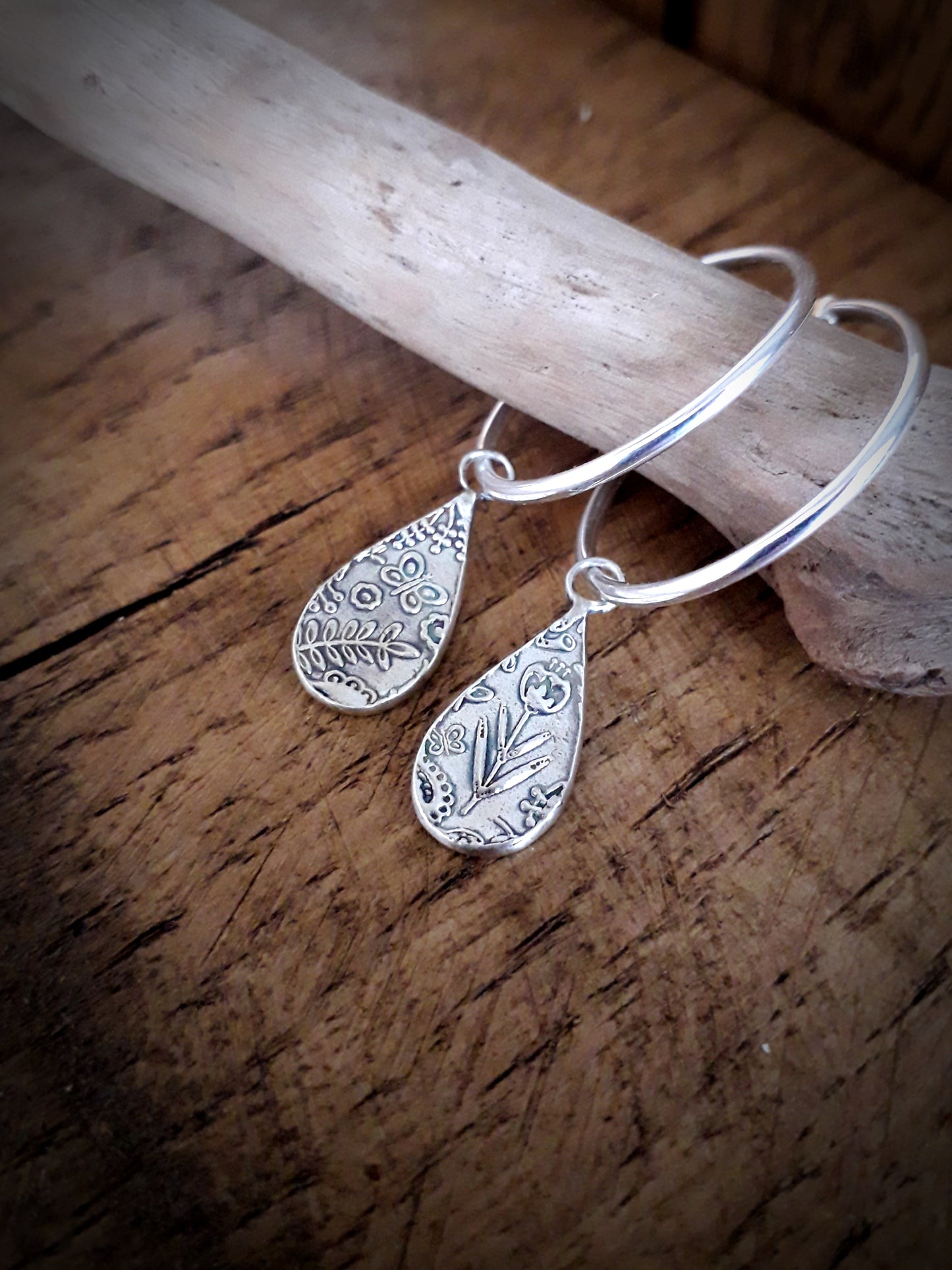 Tear Drop Spring Flower Silver Hoops