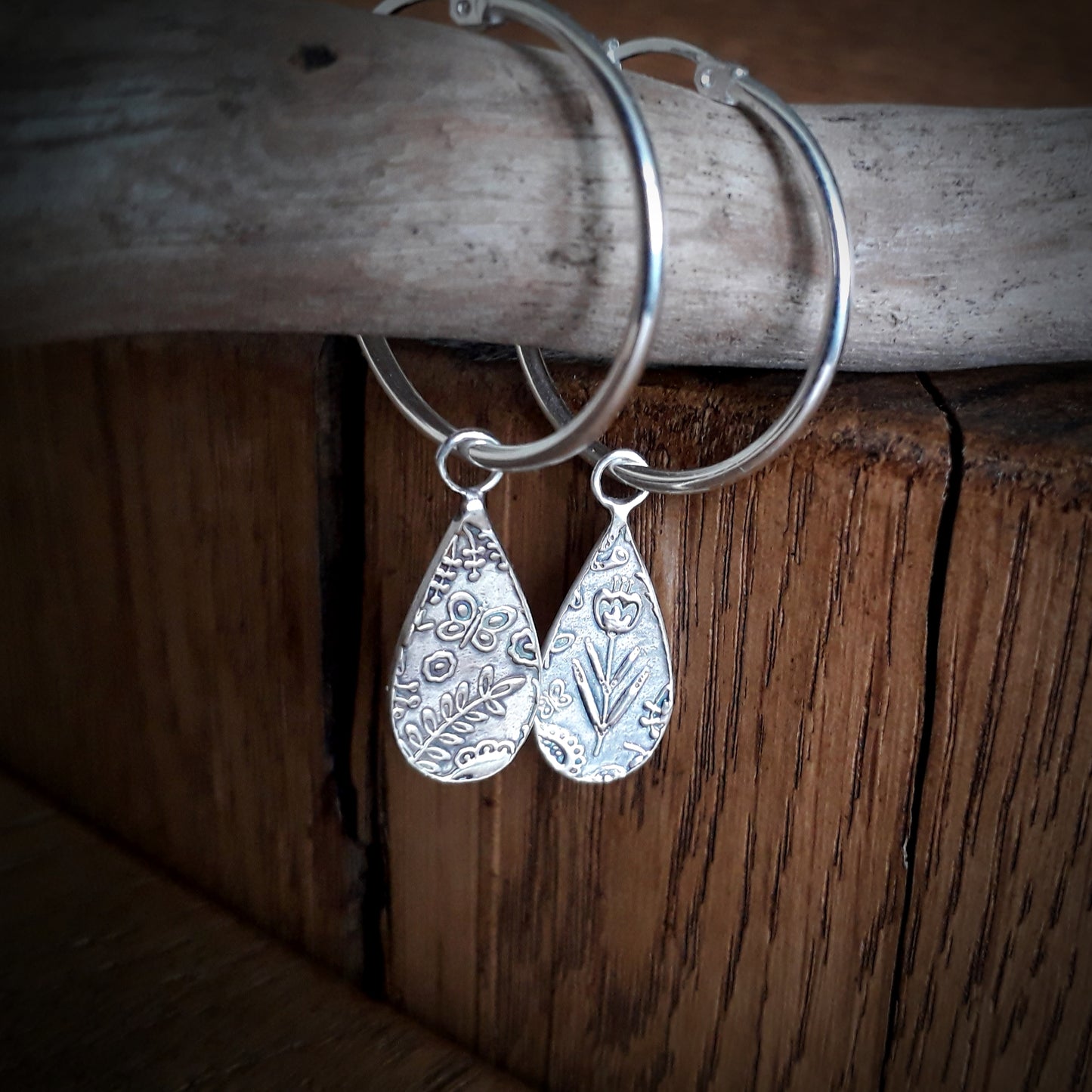 Tear Drop Spring Flower Silver Hoops