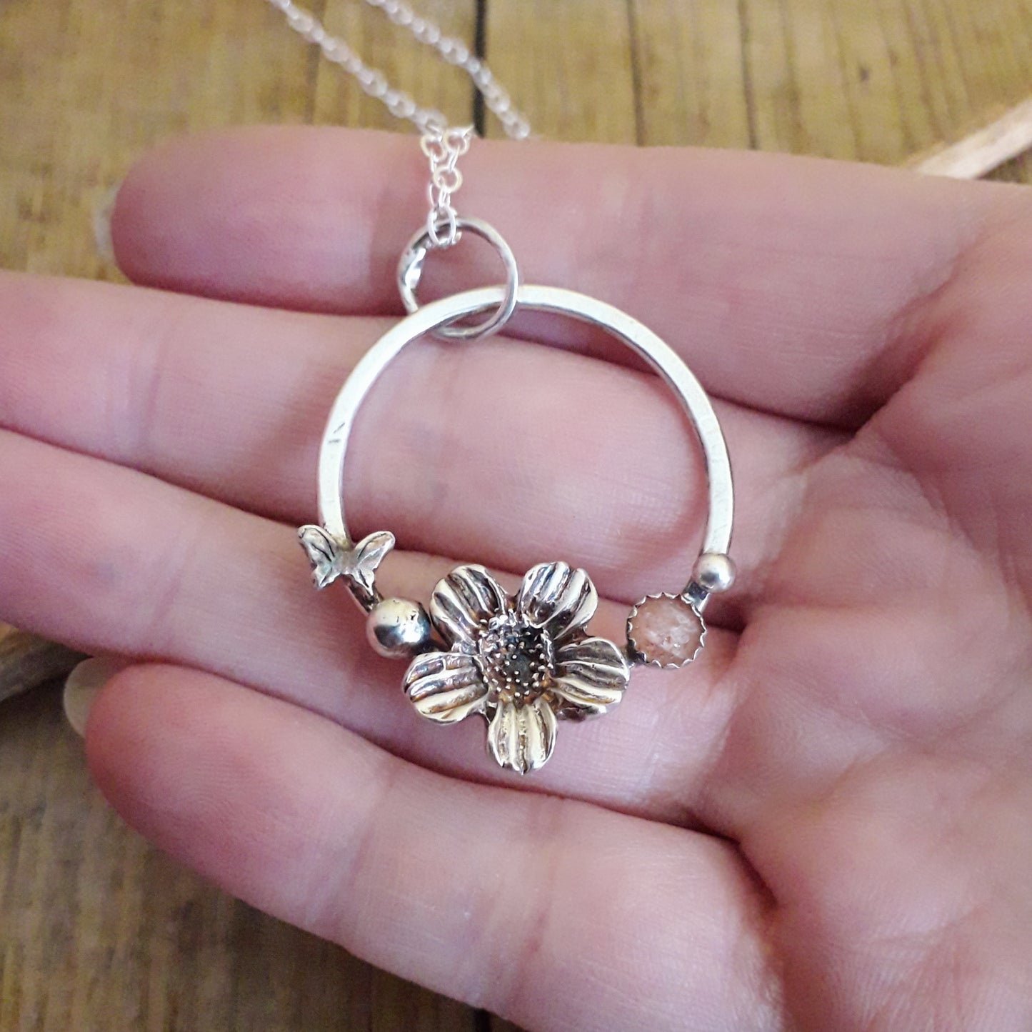 Flower Wreath - Sunstone and Silver Pendant