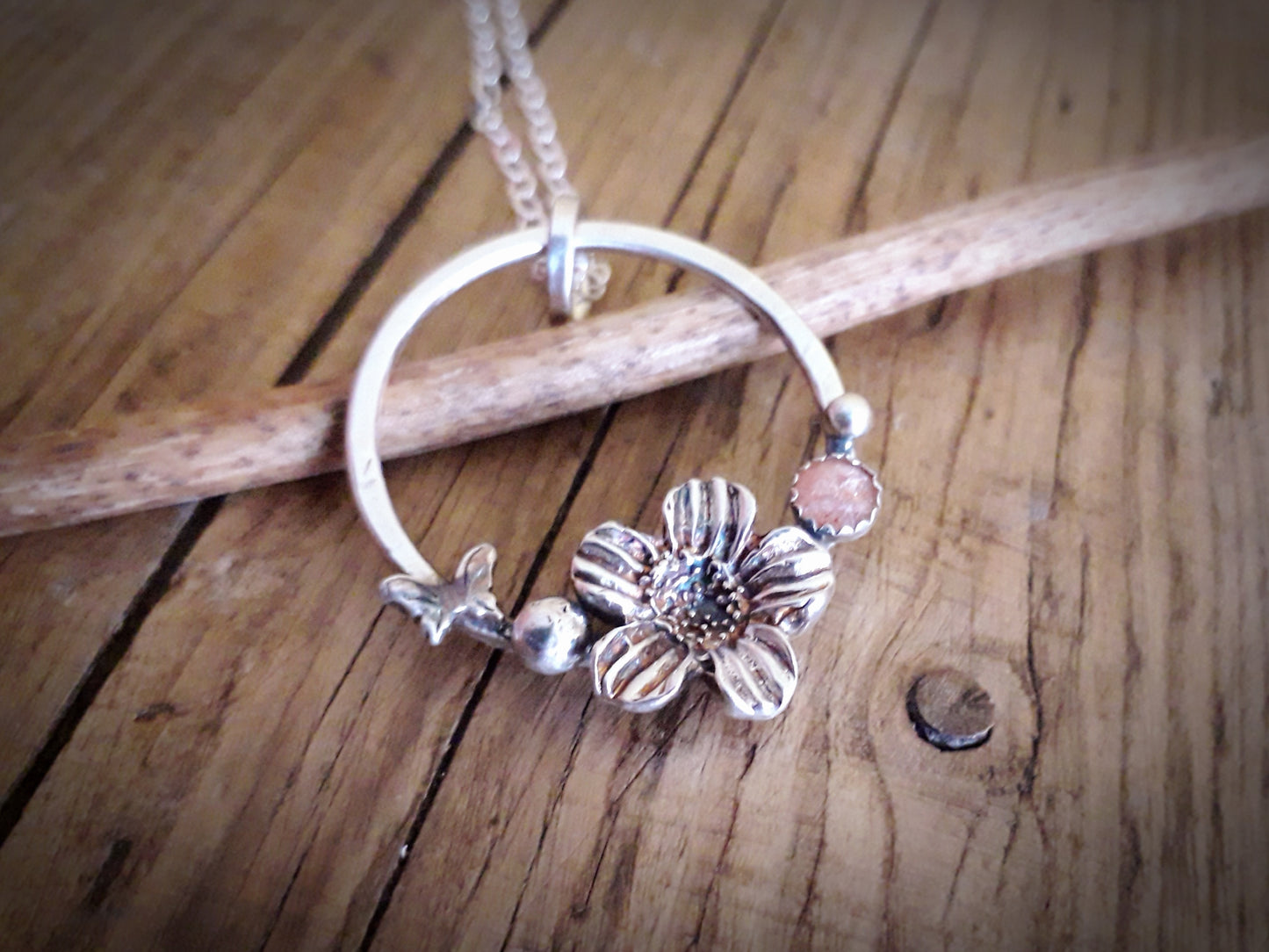 Flower Wreath - Sunstone and Silver Pendant