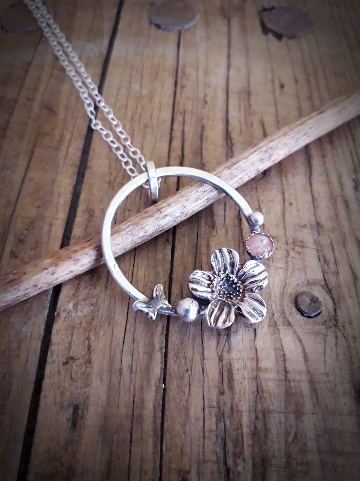 Flower Wreath - Sunstone and Silver Pendant