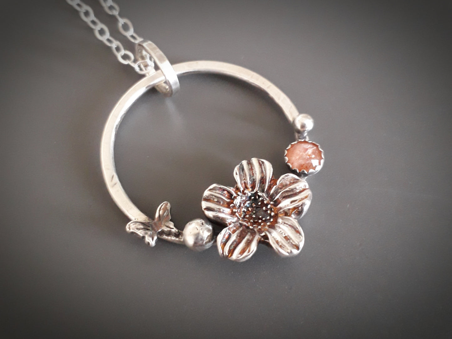 Flower Wreath - Sunstone and Silver Pendant