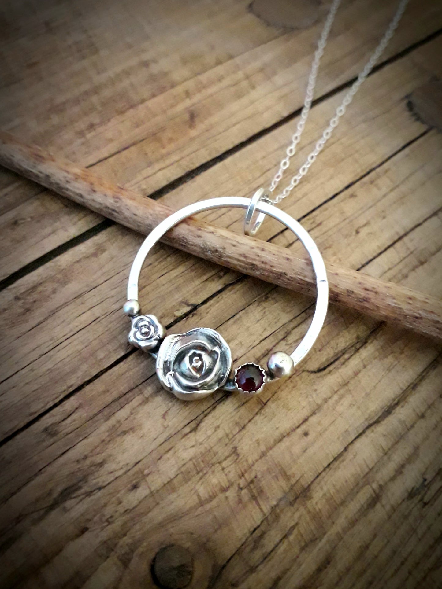 Rose Wreath - Silver Garnet Pendant