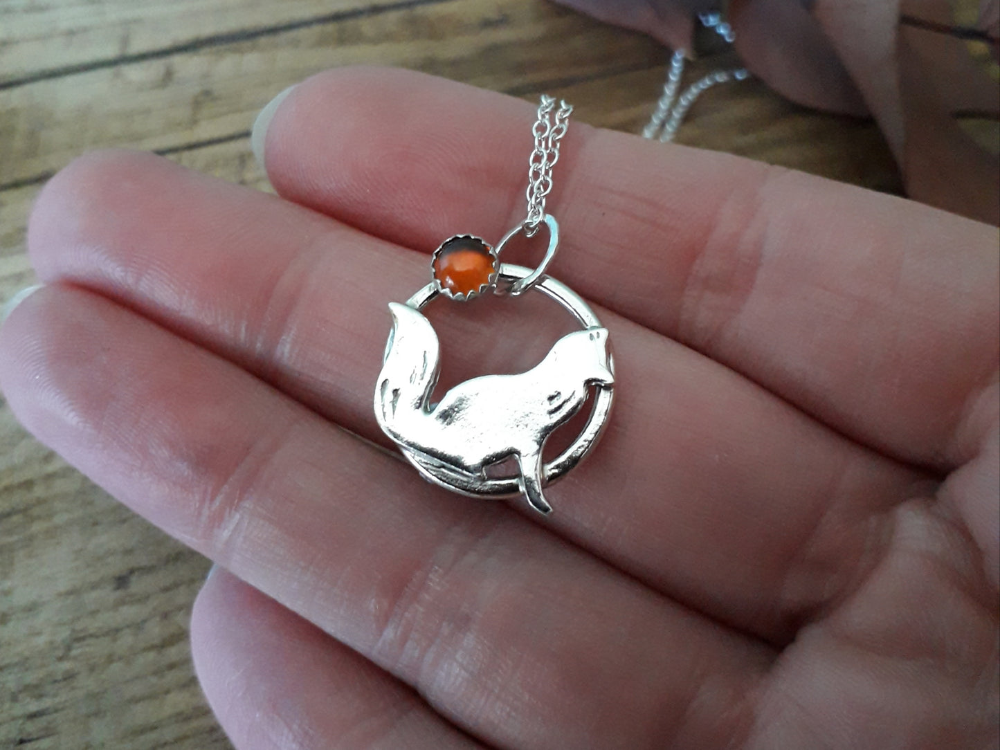 Fox Charm Necklace with hessonite garnet