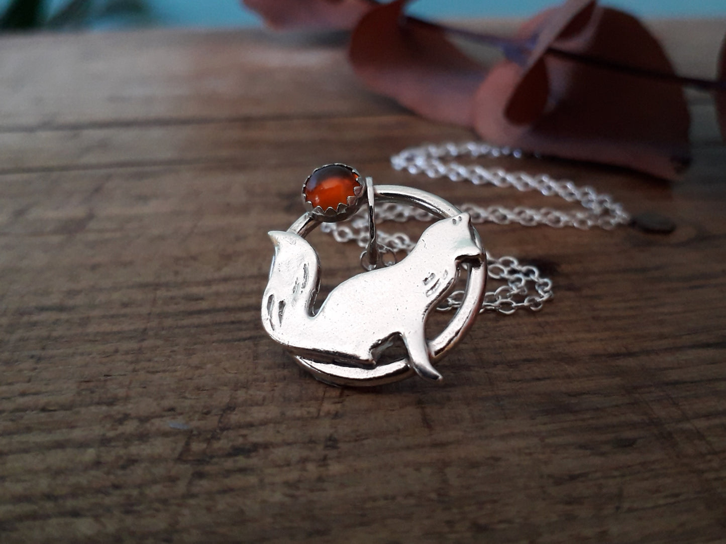 Fox Charm Necklace with hessonite garnet