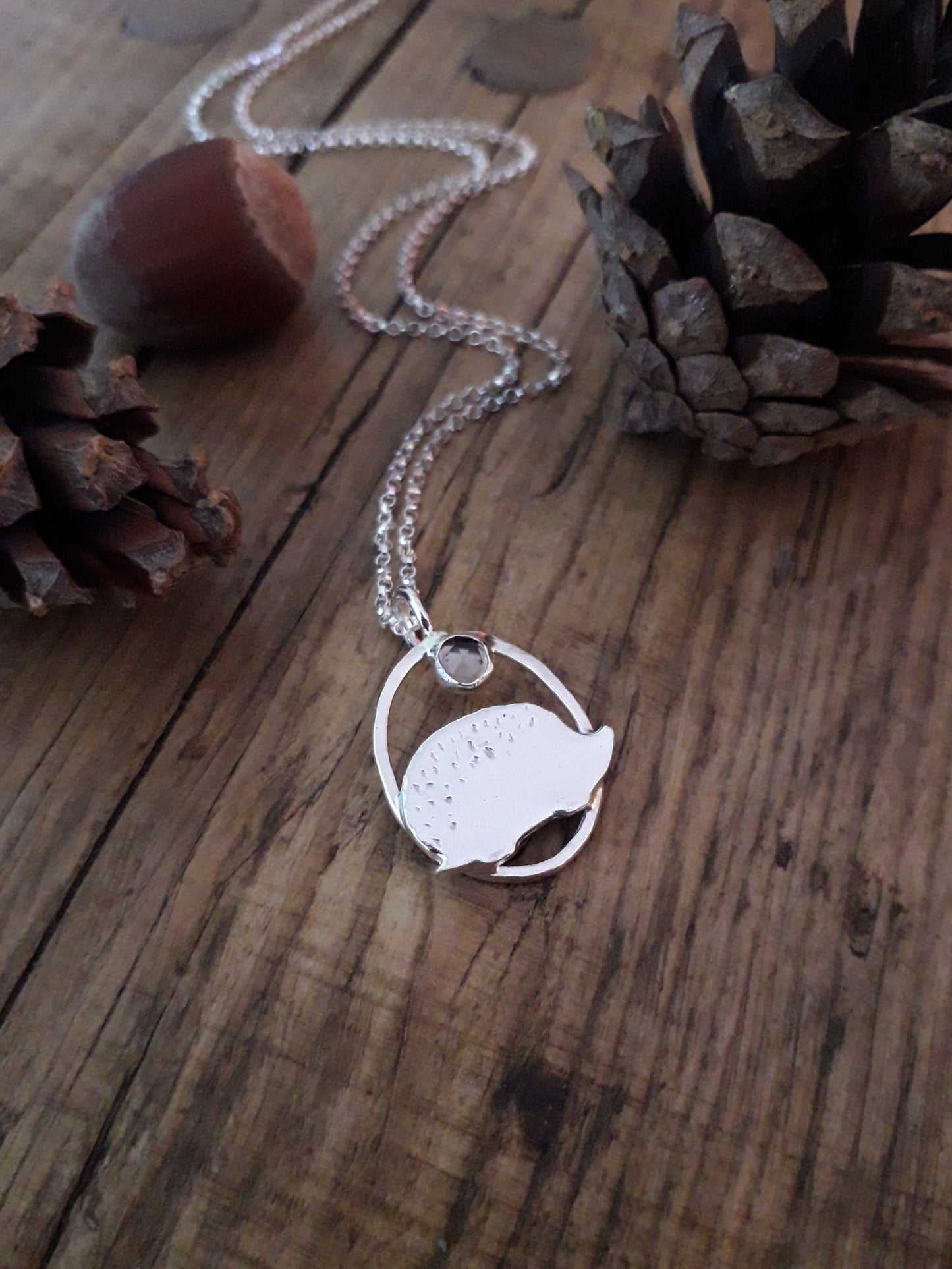 Hedgehog Charm Necklace with smoky quartz