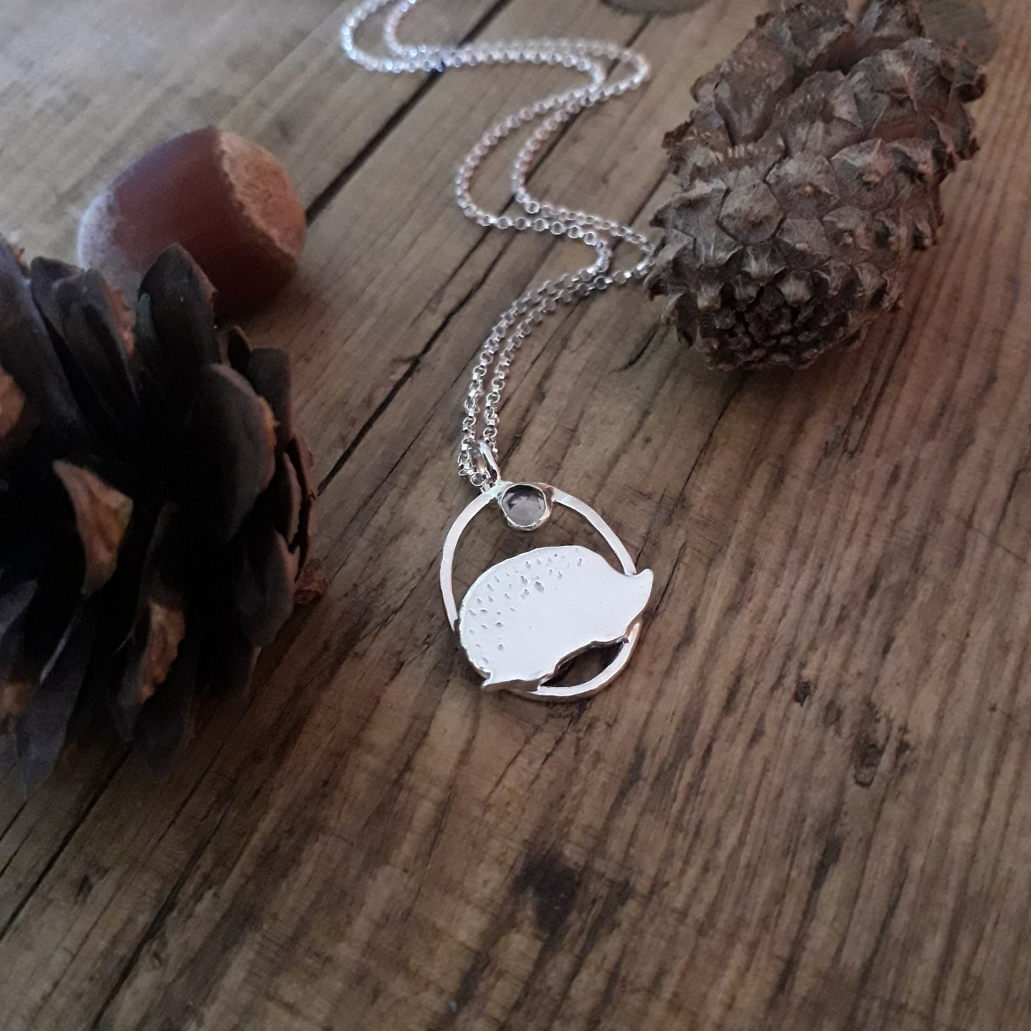 Hedgehog Charm Necklace with smoky quartz