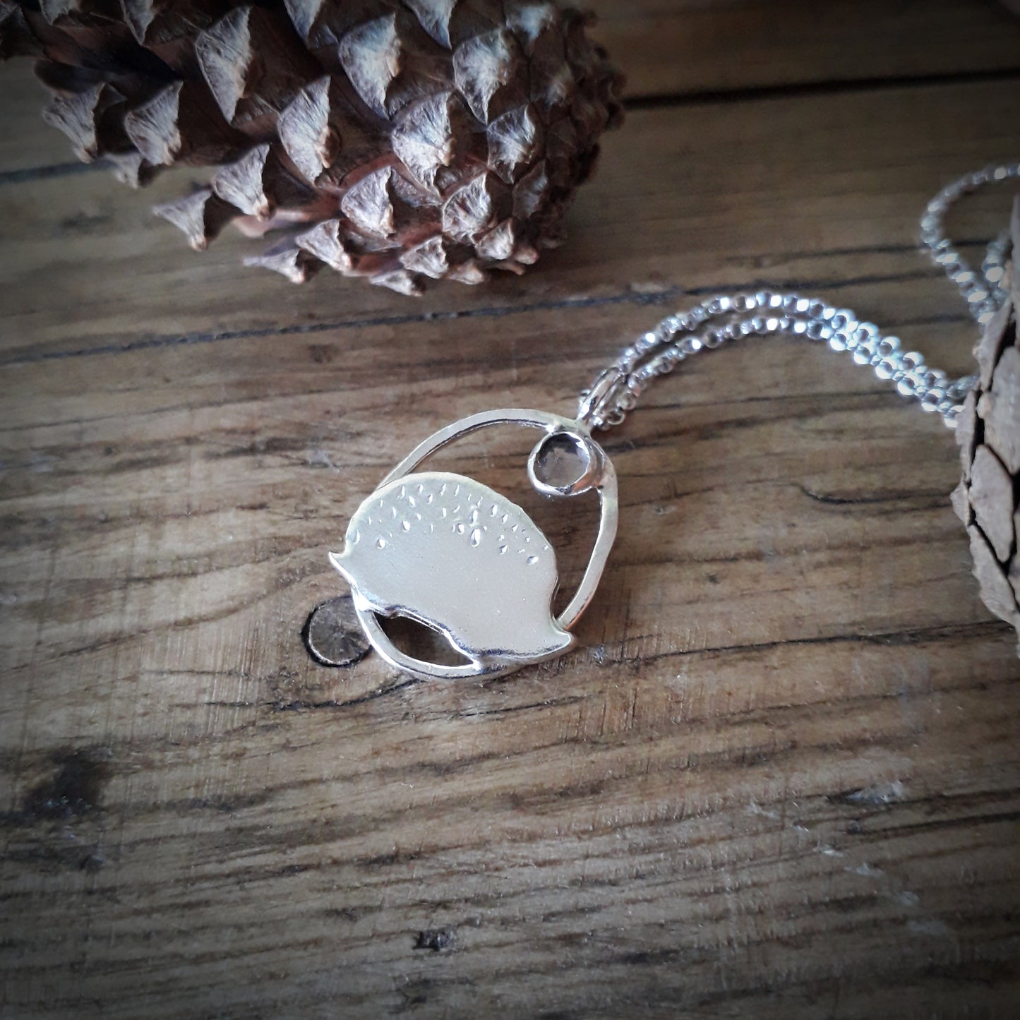 Hedgehog Charm Necklace with smoky quartz