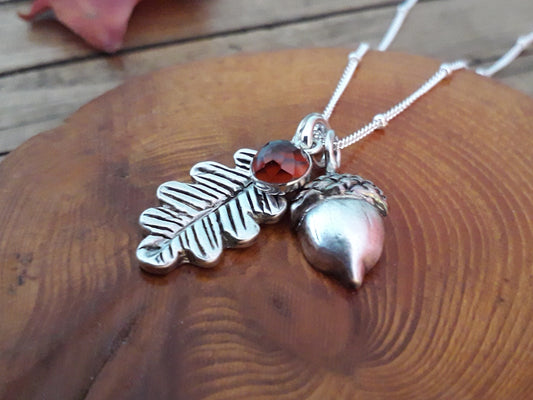 Made to order - Acorn & Oak Leaf - Hessonite Garnet Silver Necklace