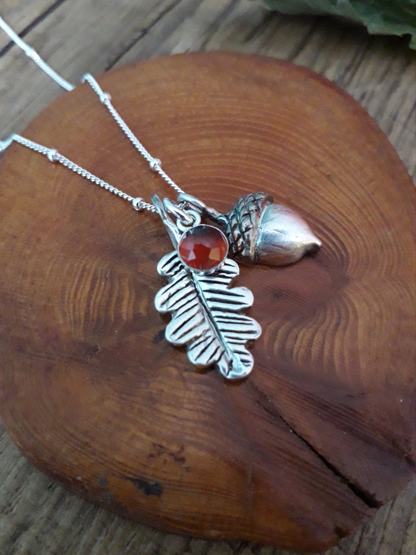 Acorn & Oak Leaf - Hessonite Garnet Silver Necklace