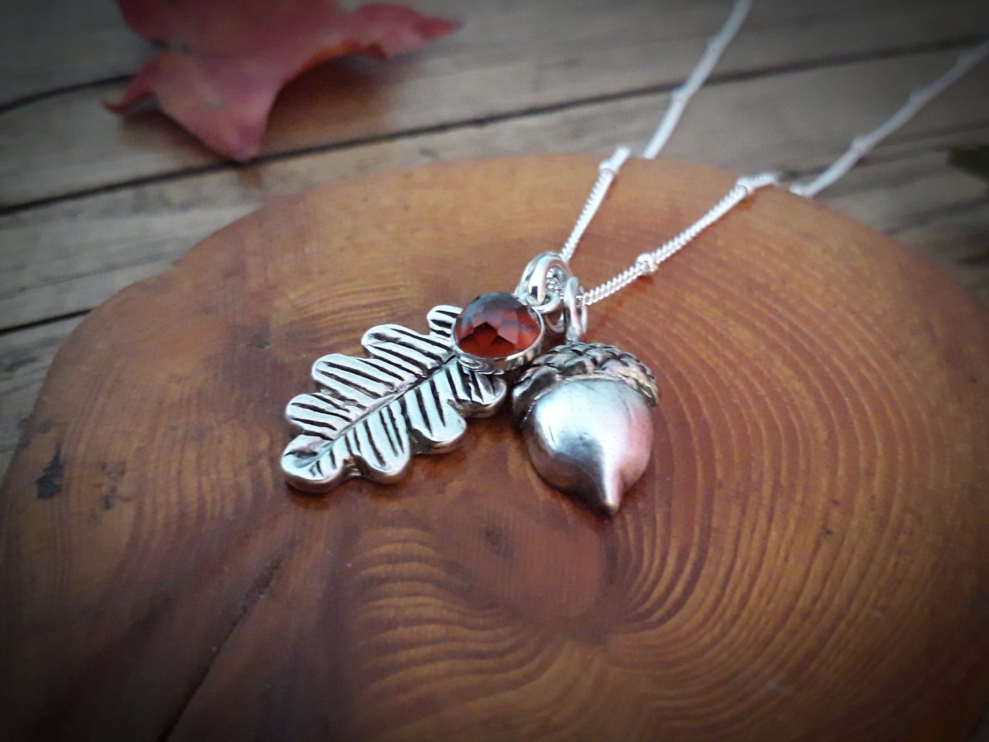 Acorn & Oak Leaf - Hessonite Garnet Silver Necklace