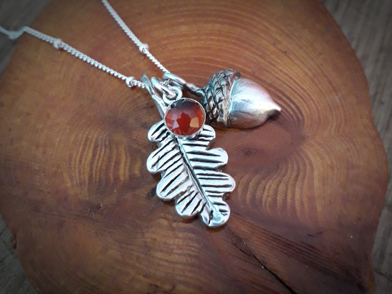 Made to order - Acorn & Oak Leaf - Hessonite Garnet Silver Necklace