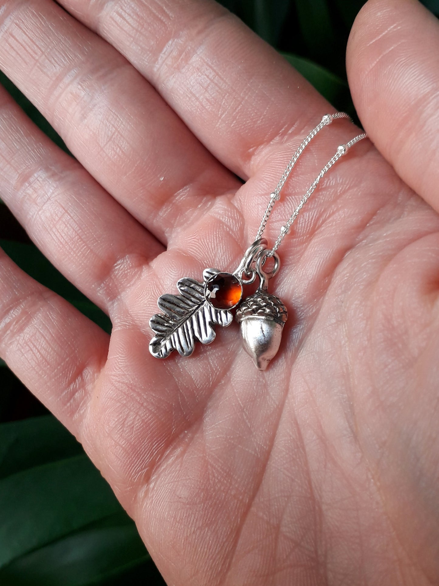 Acorn & Oak Leaf - Hessonite Garnet Silver Necklace