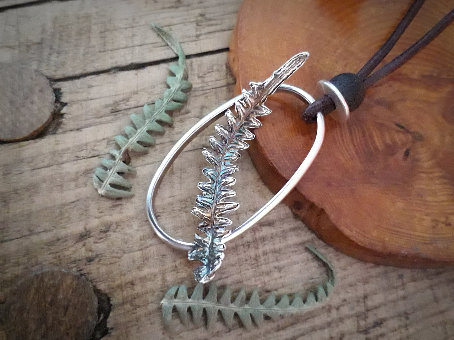 Real Fern Leaf Frame Pendant - Silver Necklace with Leather Cord and Wooden Bead