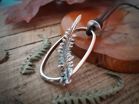 Real Fern Leaf Frame Pendant - Silver Necklace with Leather Cord and Wooden Bead