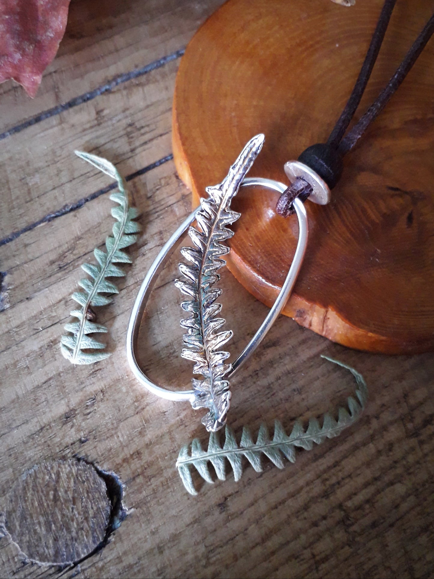 Real Fern Leaf Frame Pendant - Silver Necklace with Leather Cord and Wooden Bead