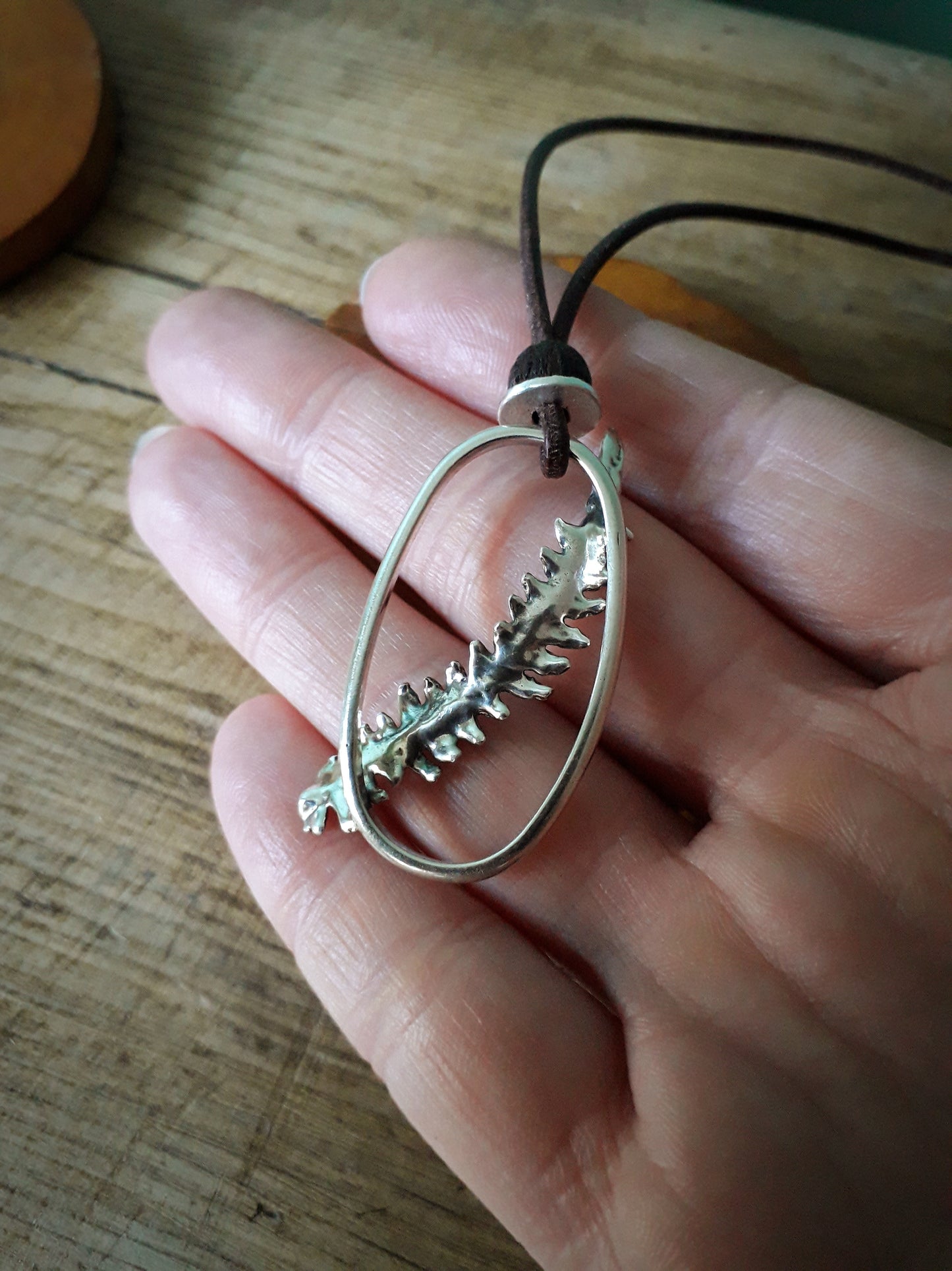 Real Fern Leaf Frame Pendant - Silver Necklace with Leather Cord and Wooden Bead