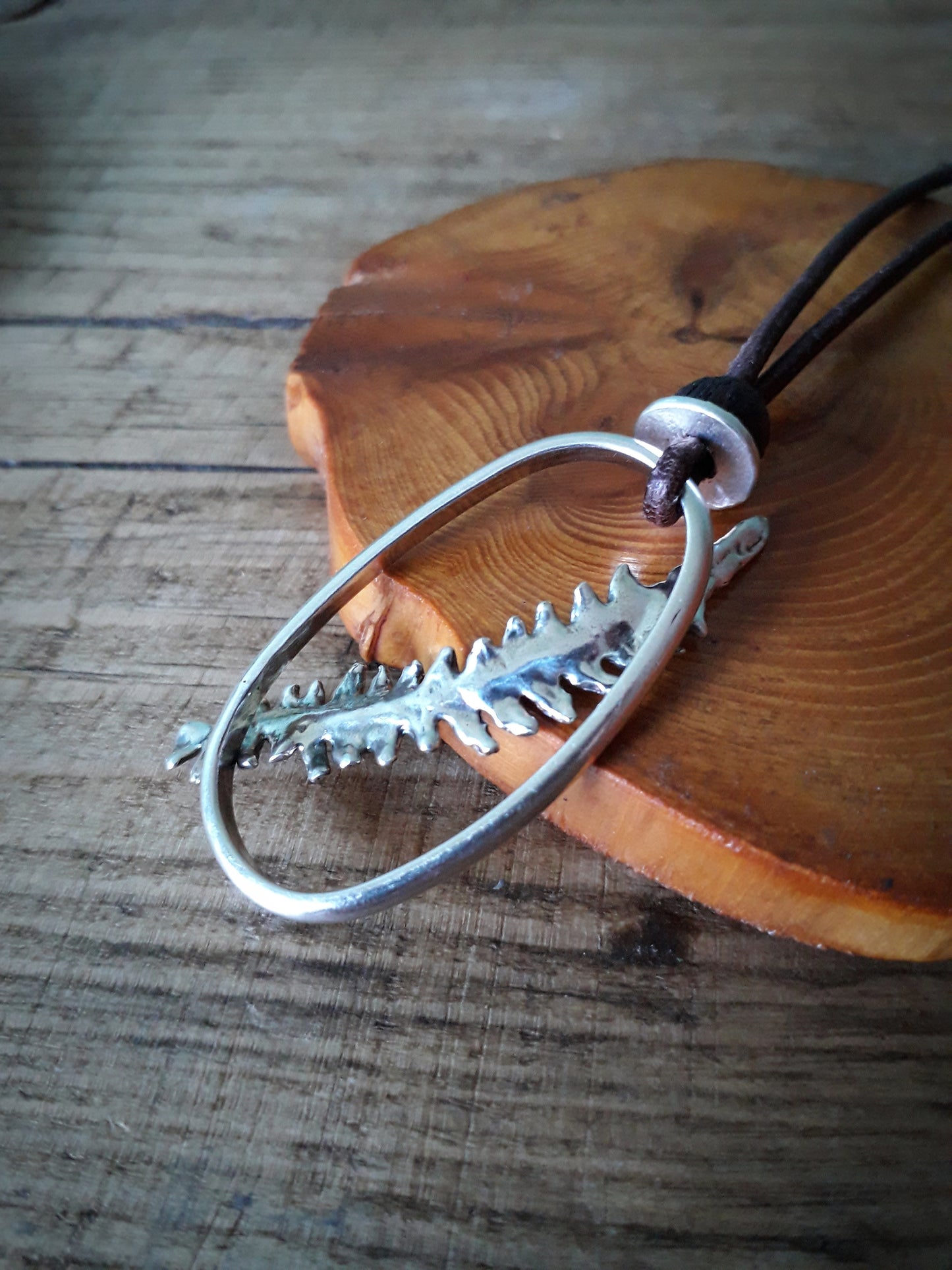 Real Fern Leaf Frame Pendant - Silver Necklace with Leather Cord and Wooden Bead