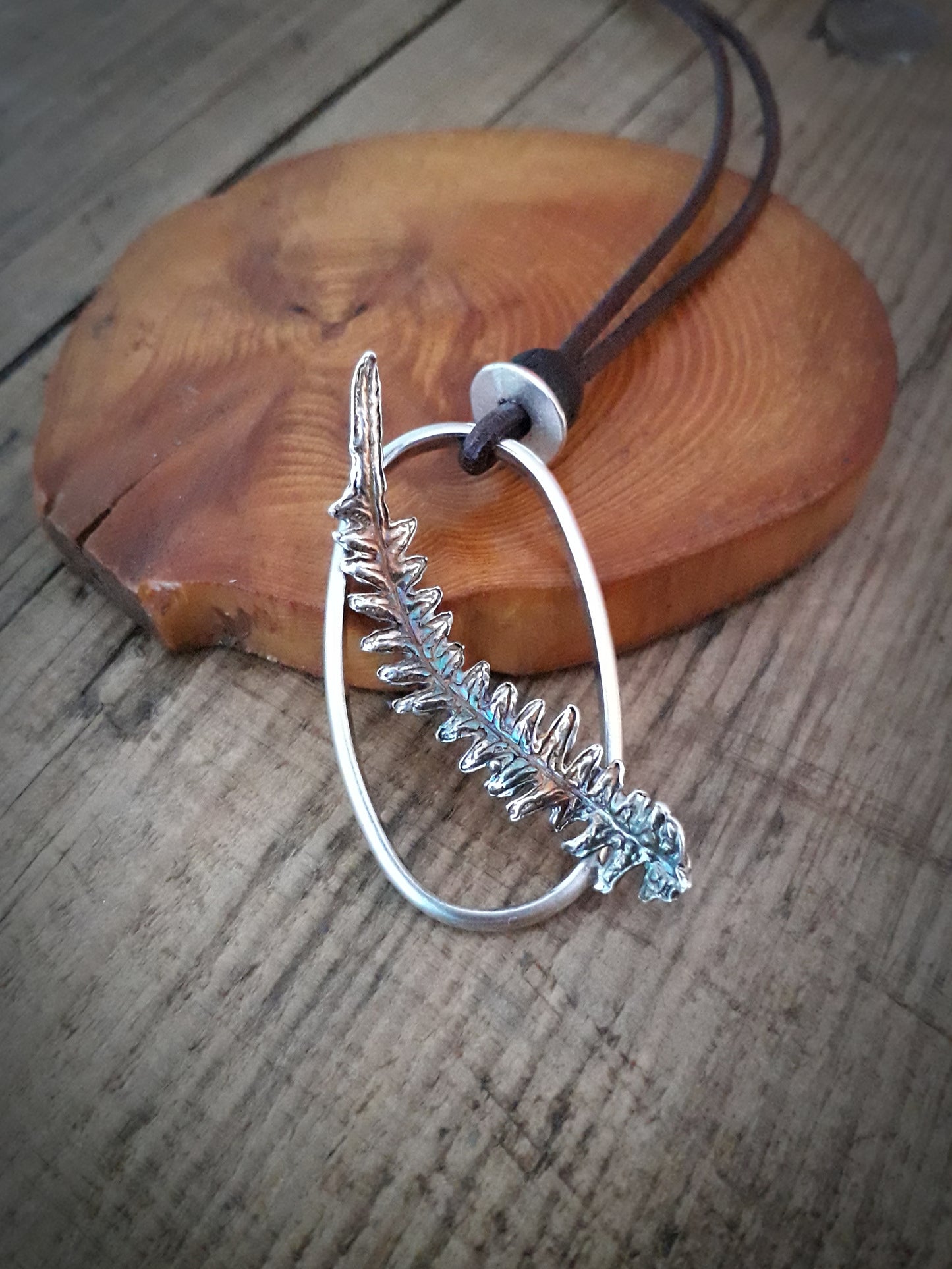 Real Fern Leaf Frame Pendant - Silver Necklace with Leather Cord and Wooden Bead