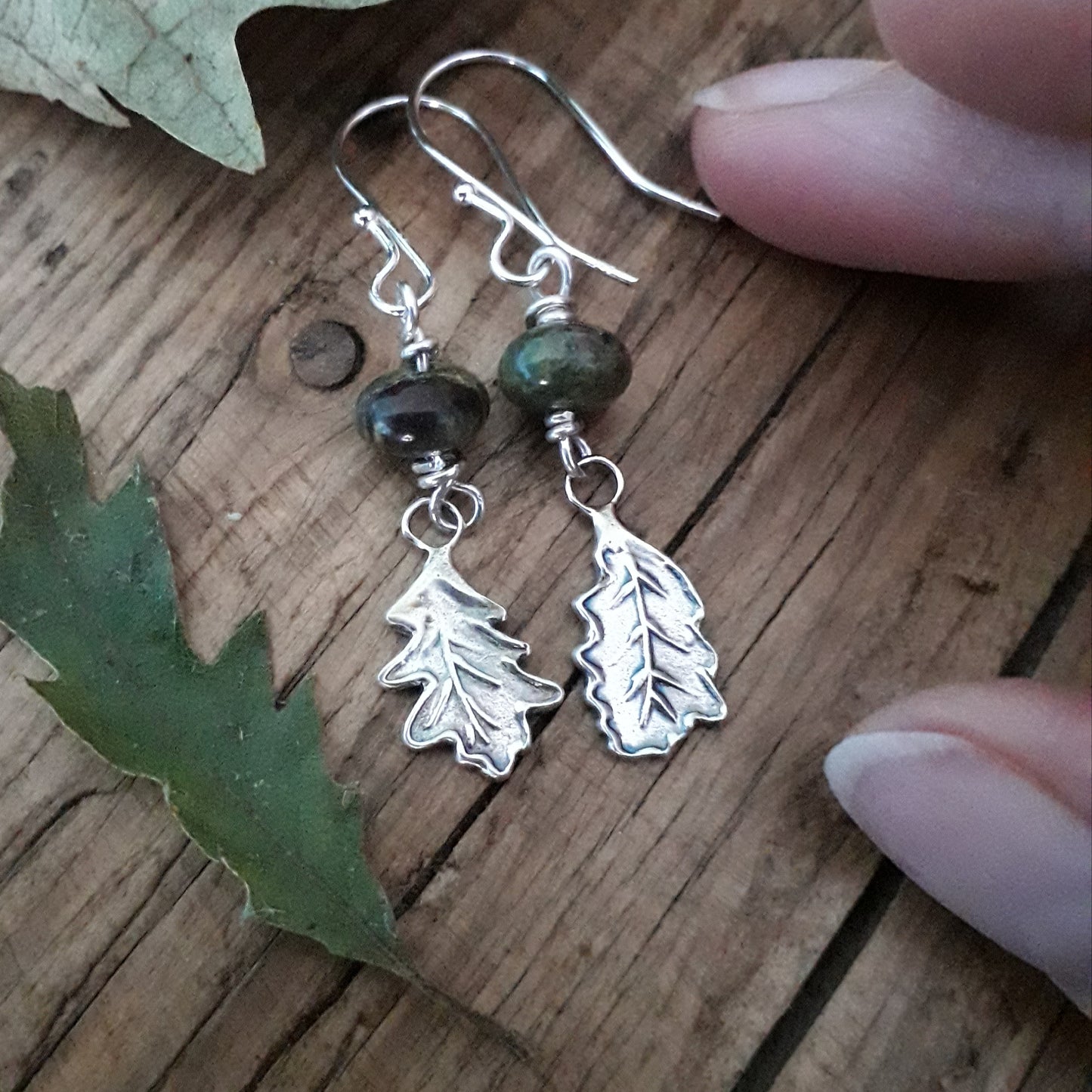 Mismatched Oak Leaves - Silver and Dragon Blood Stone Earrings