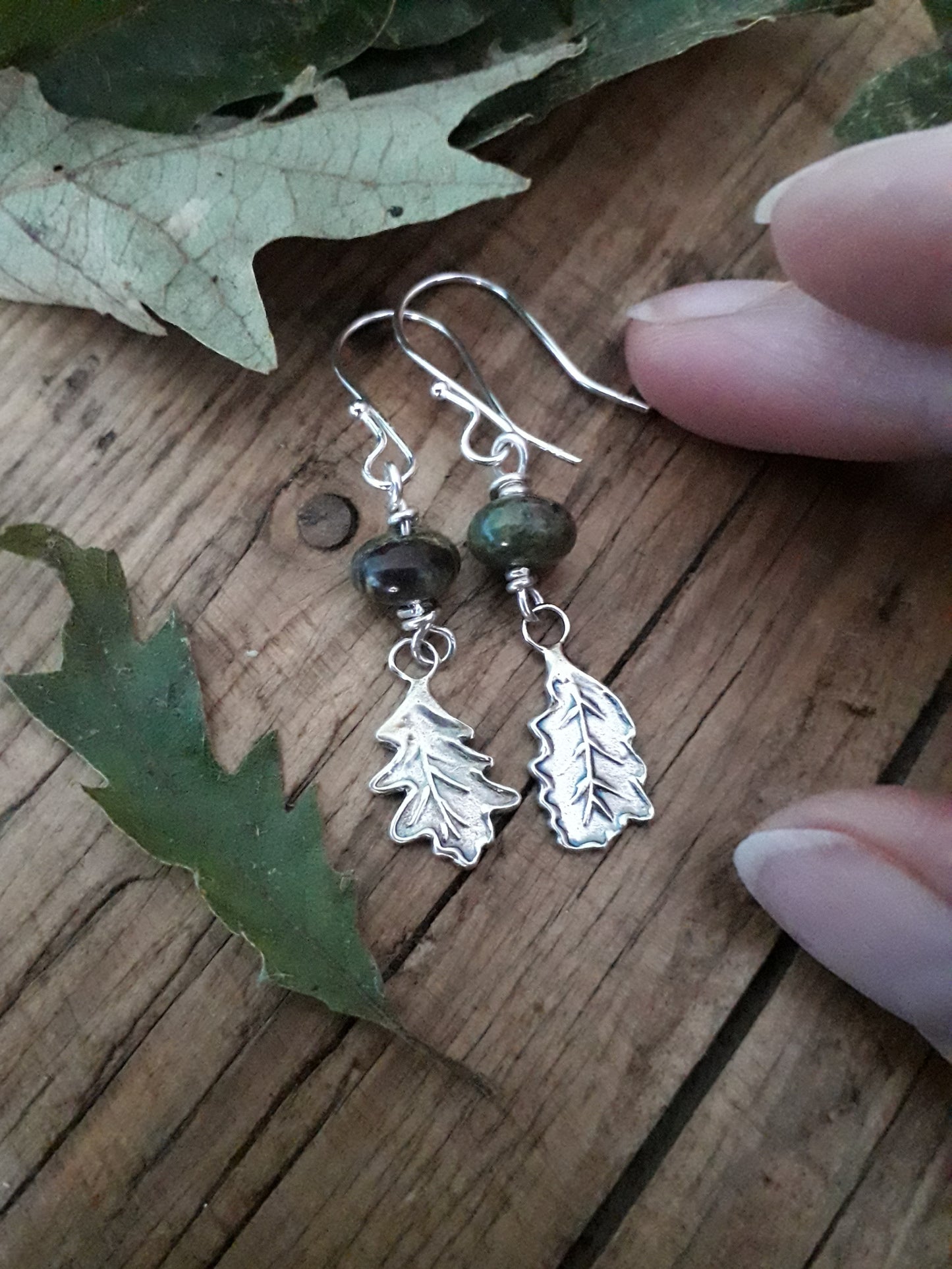 Mismatched Oak Leaves - Silver and Dragon Blood Stone Earrings