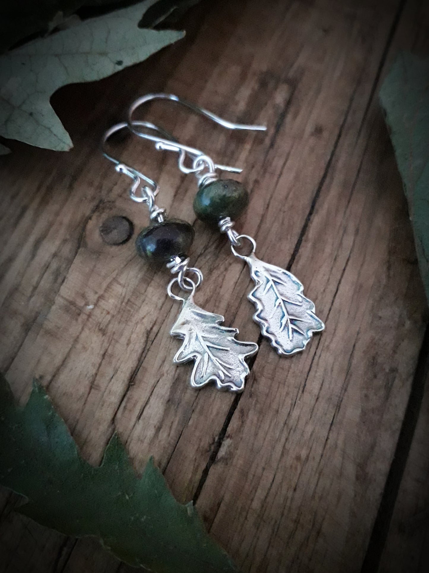 Mismatched Oak Leaves - Silver and Dragon Blood Stone Earrings