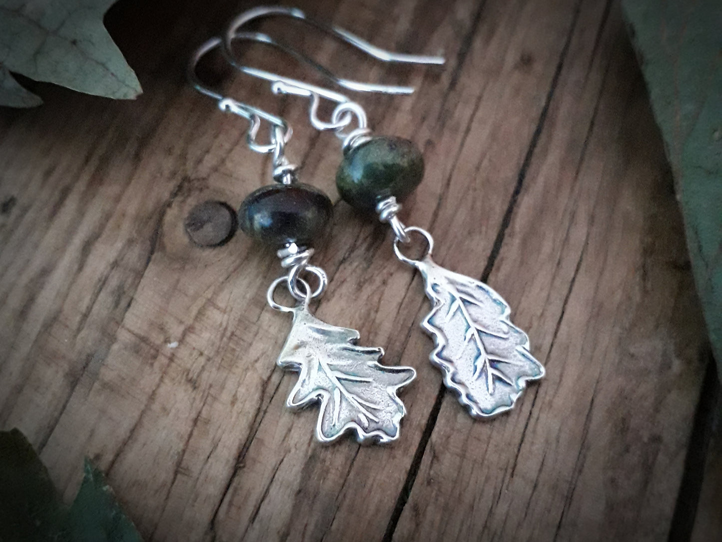 Mismatched Oak Leaves - Silver and Dragon Blood Stone Earrings