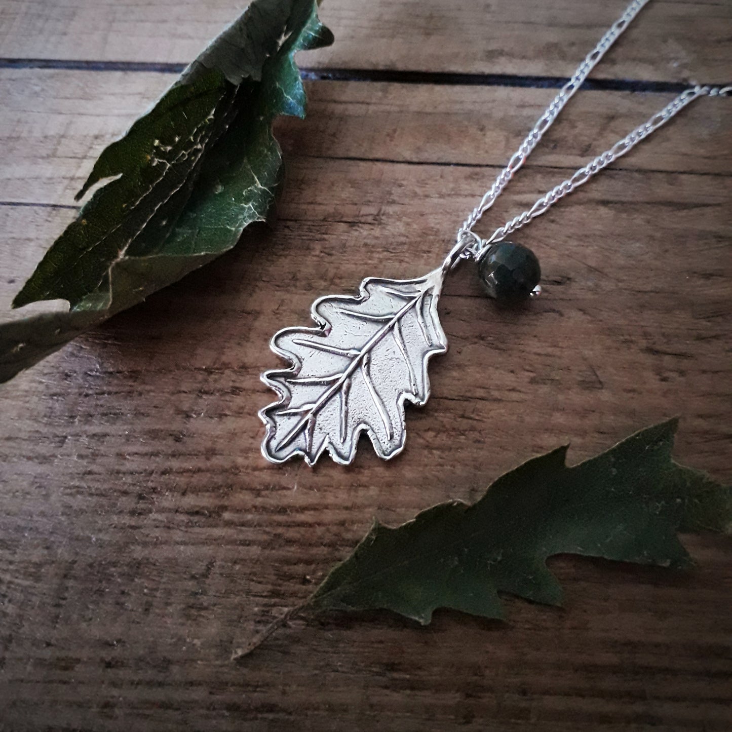 Big Oak Leaf with Moss Agate Silver Necklace