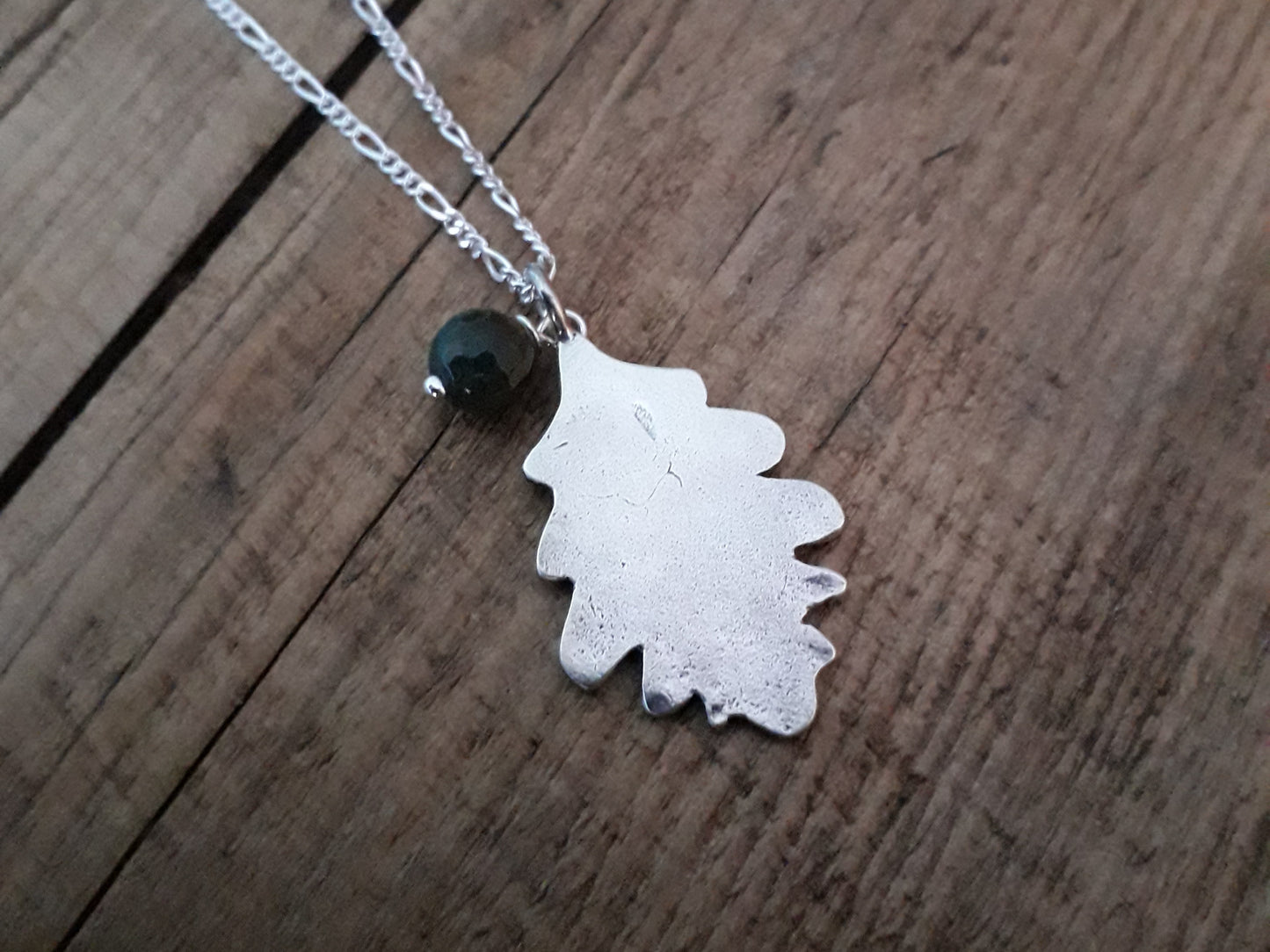 Big Oak Leaf with Moss Agate Silver Necklace