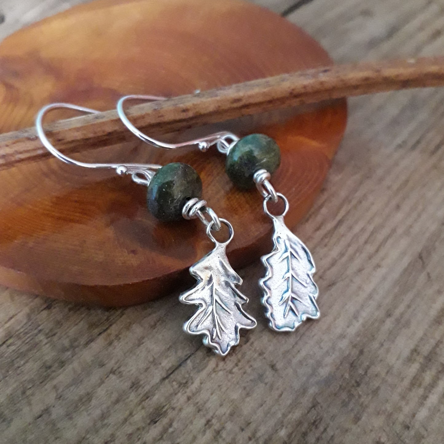 Mismatched Oak Leaves - Silver and Dragon Blood Stone Earrings