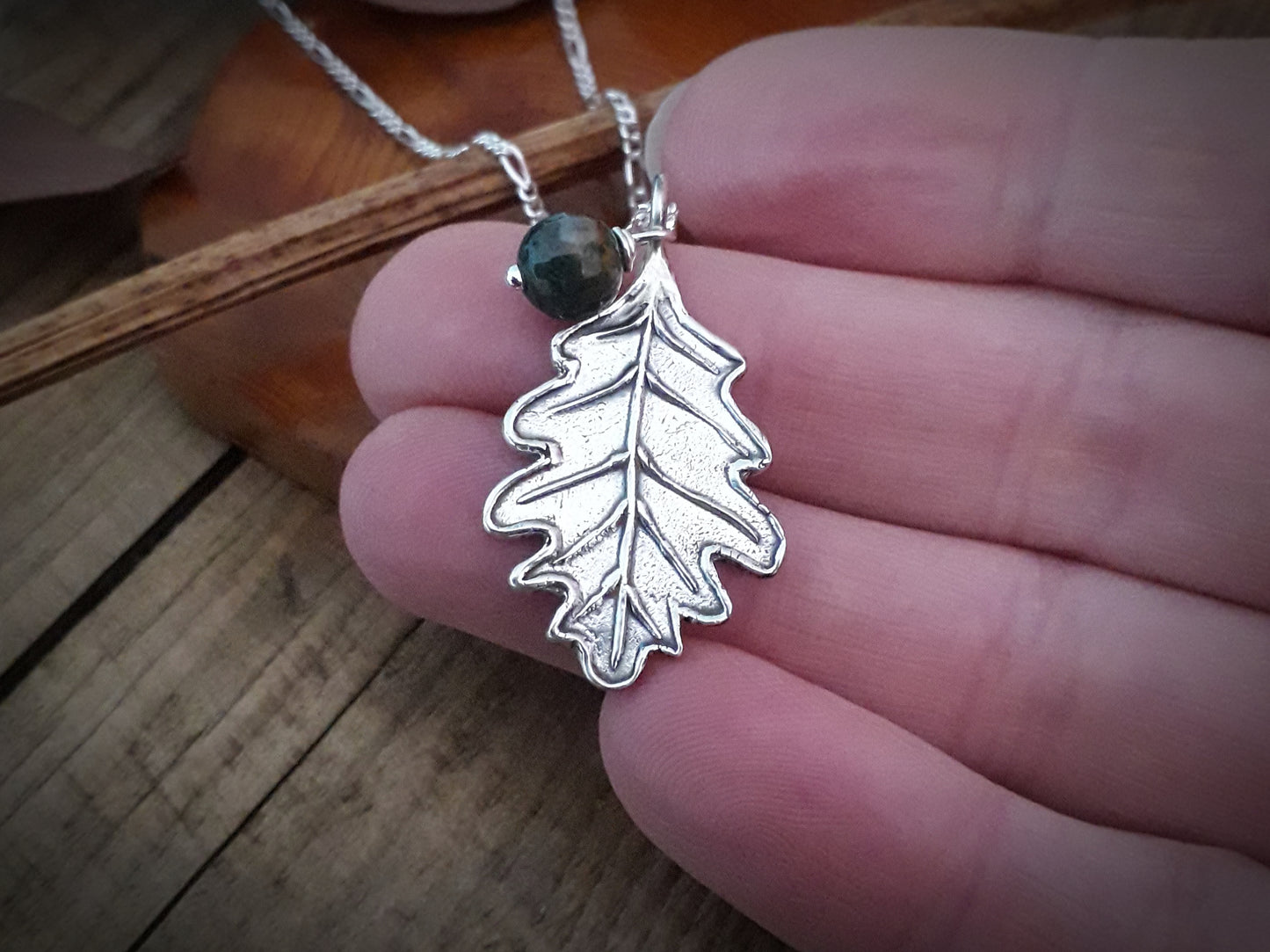 Big Oak Leaf with Moss Agate Silver Necklace