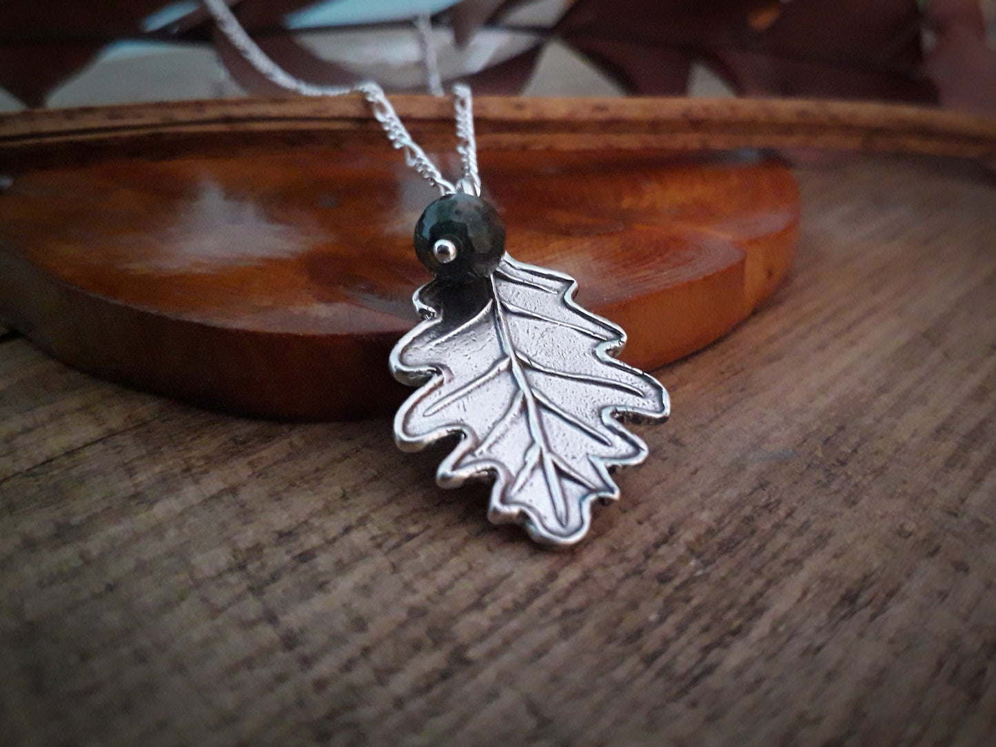 Big Oak Leaf with Moss Agate Silver Necklace